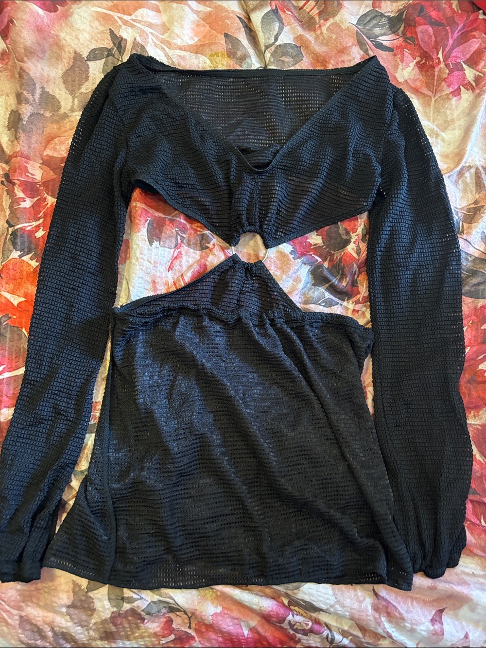 Black Long-Sleeve Mesh 2 Piece Swim Cover Up, Size S